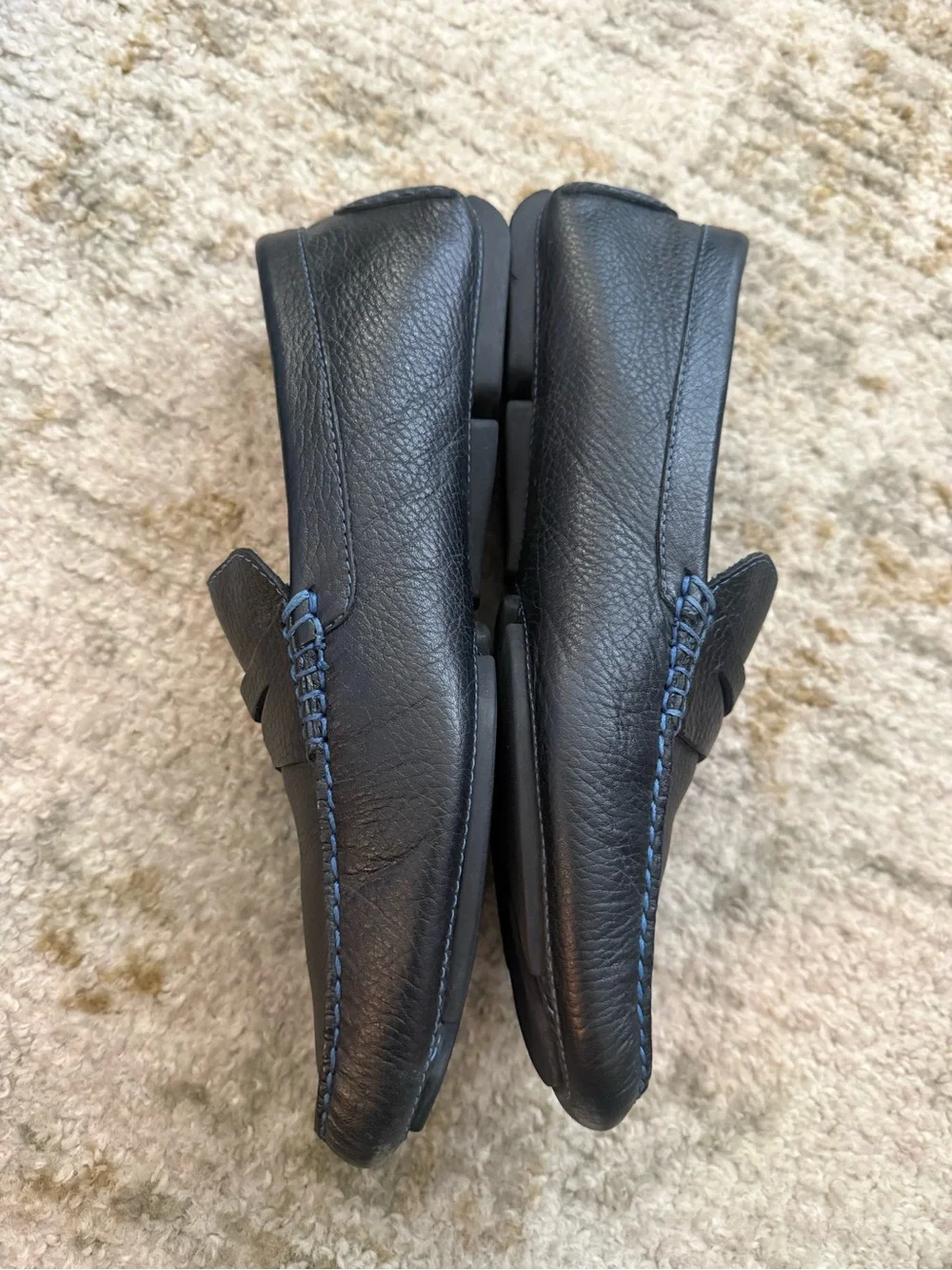 Donald J. Pliner Black Leather Penny Loafers with Blue Stitching